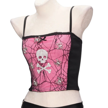 COMFORTH Gothic corset top with pink lace, spider web pattern, rhinestone skull & crossbones, and spiders. Black trim.