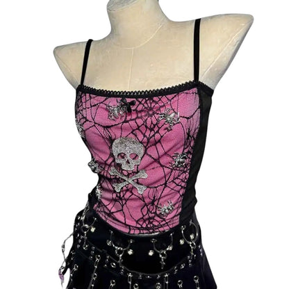 COMFORTHot pink lace corset top with black spider web overlay, rhinestone skull & crossbones, and spiders. Black trim & bow.
