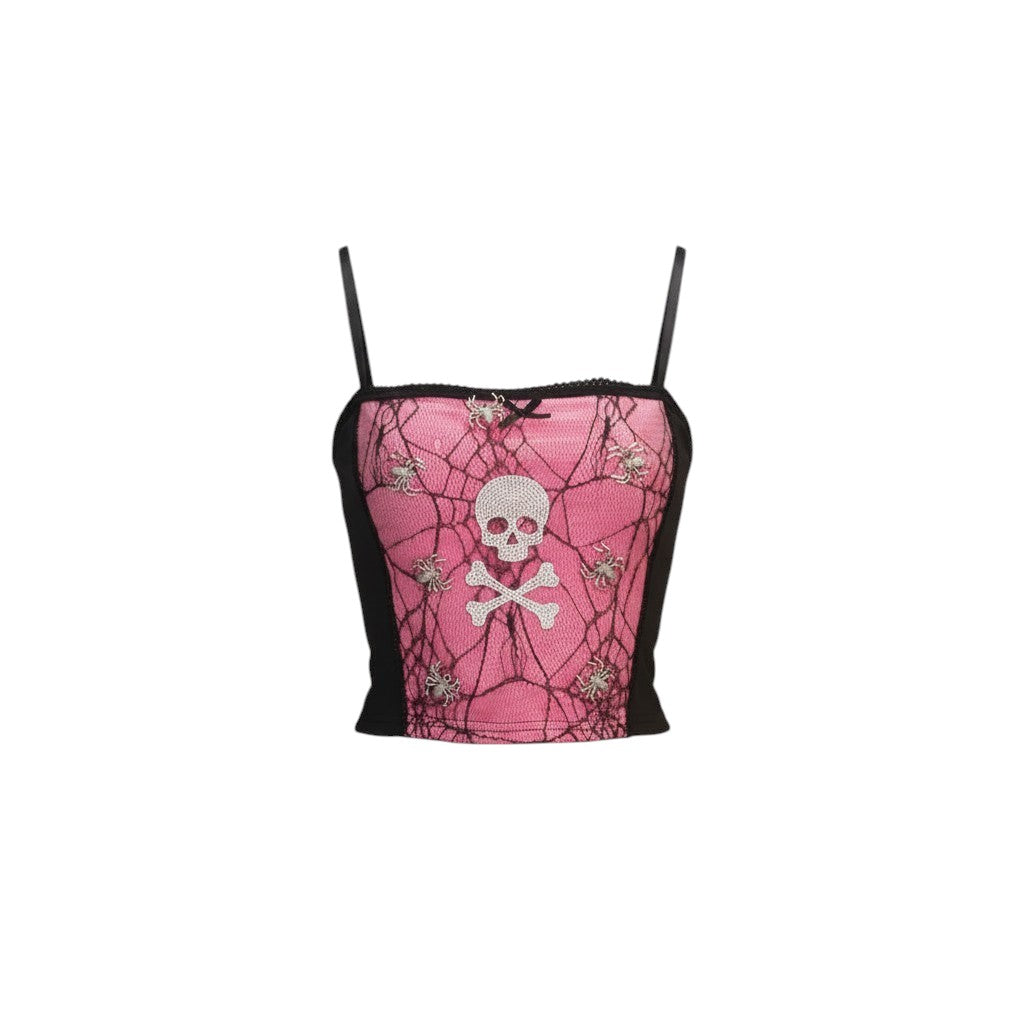 COMFORTHot pink lace corset top with spider web pattern, skull and crossbones rhinestone graphic, and small spiders. Black trim and bow detail.