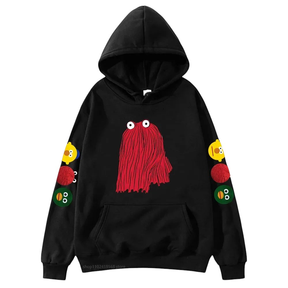 COMFORTH black hoodie with red character graphic on front and colorful character icons on sleeves. Soft fabric.