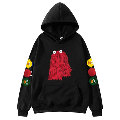 COMFORTH black hoodie with red character graphic on front and colorful character icons on sleeves. Soft fabric.