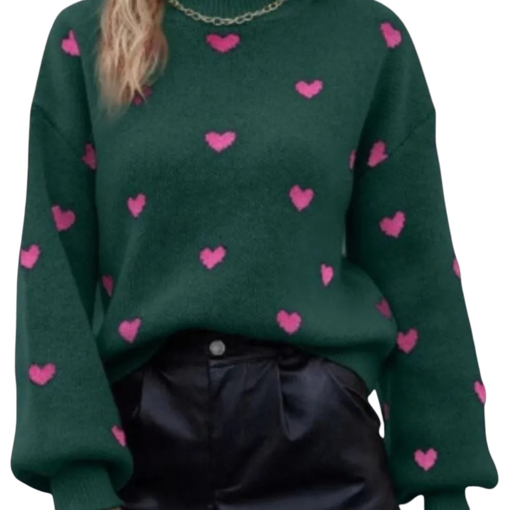 COMFORTH dark green knit sweater with all-over pink heart pattern, long sleeves, and crew neck.