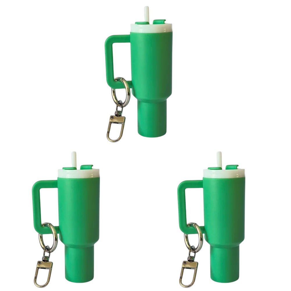 COMFORTH green mini tumbler keychain with handle and straw, perfect for keys and bags.