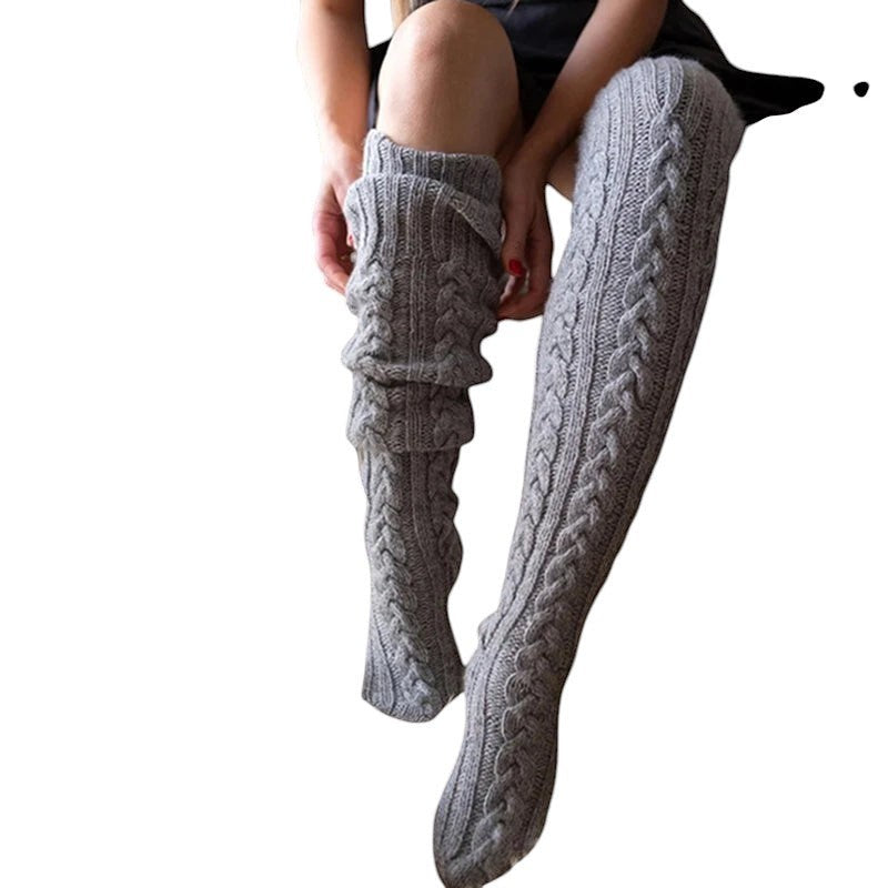 COMFORTH grey cable knit thigh high socks for women, soft and warm, perfect for winter style.