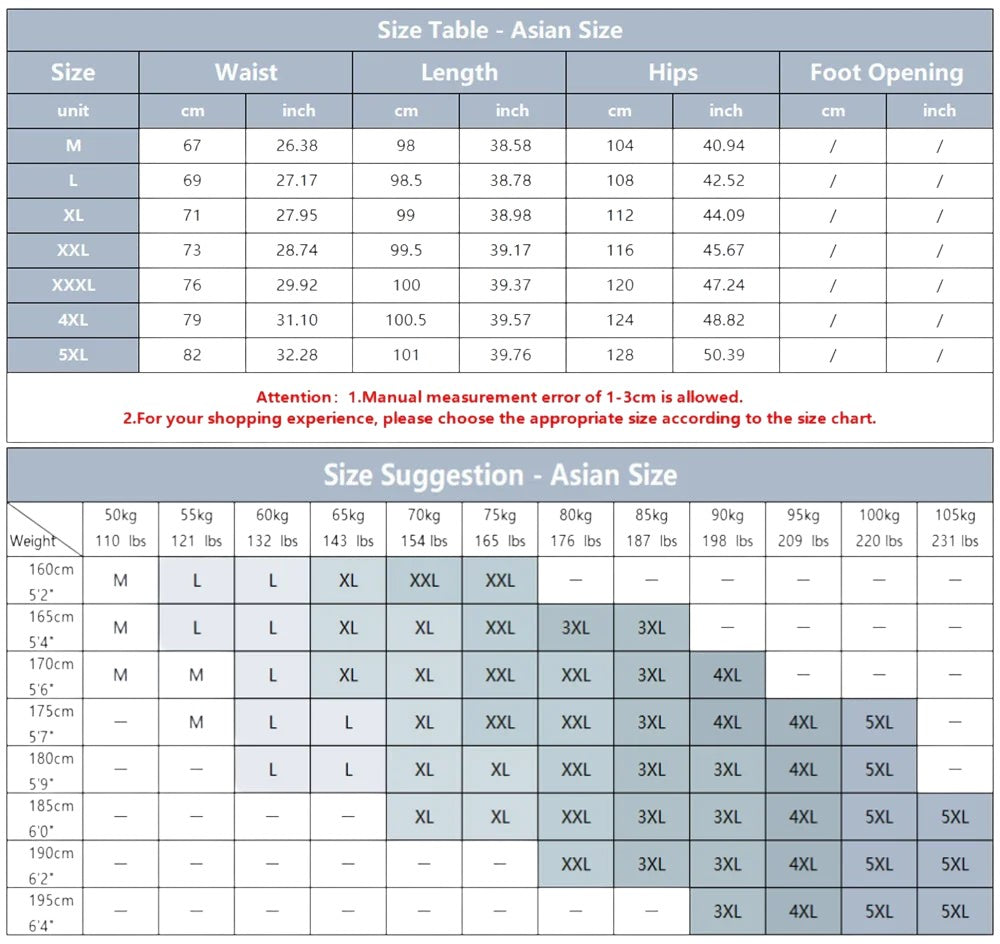 COMFORTH harem pants size chart with Asian sizing suggestions for waist, length, hips, and foot opening.