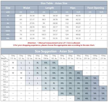 COMFORTH harem pants size chart with Asian sizing suggestions for waist, length, hips, and foot opening.