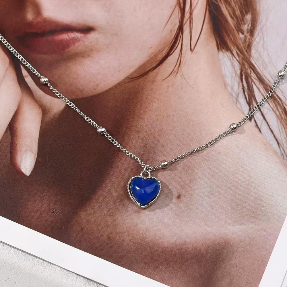 COMFORTH heart shaped locket photo pendant necklace with blue thermochromic stone on silver chain