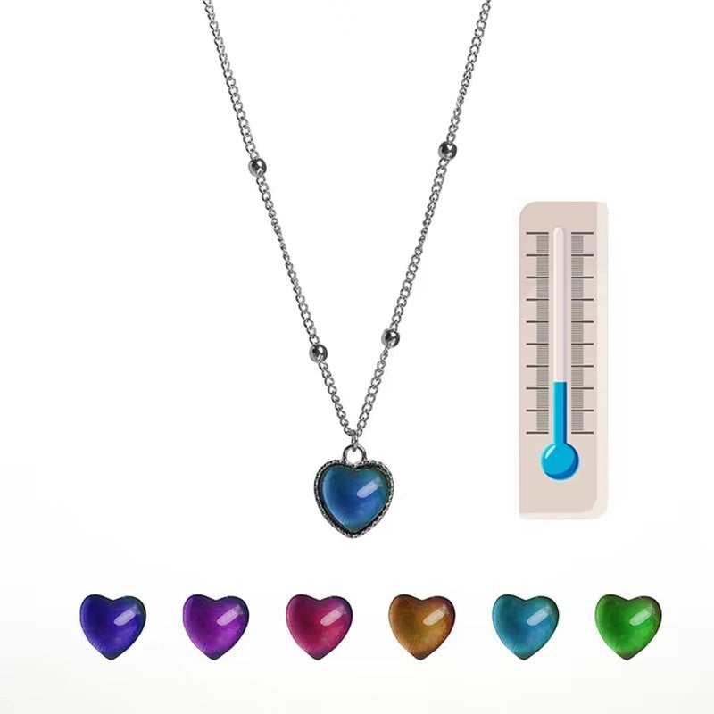 COMFORTH Heart shaped locket photo pendant necklace with thermochromic mood stone and silver-tone chain.