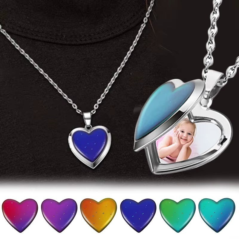 COMFORTH heart locket necklace with thermochromic stone and photo display, silver-tone metal