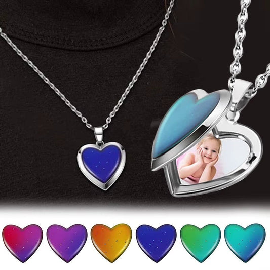 COMFORTH heart locket necklace with thermochromic stone and photo display, silver-tone metal