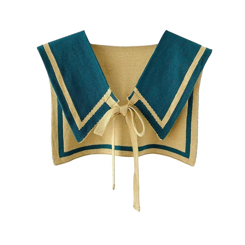 COMFORTH Knit sailor collar in beige with teal and tan trim. Detachable fake collar with tie closure.