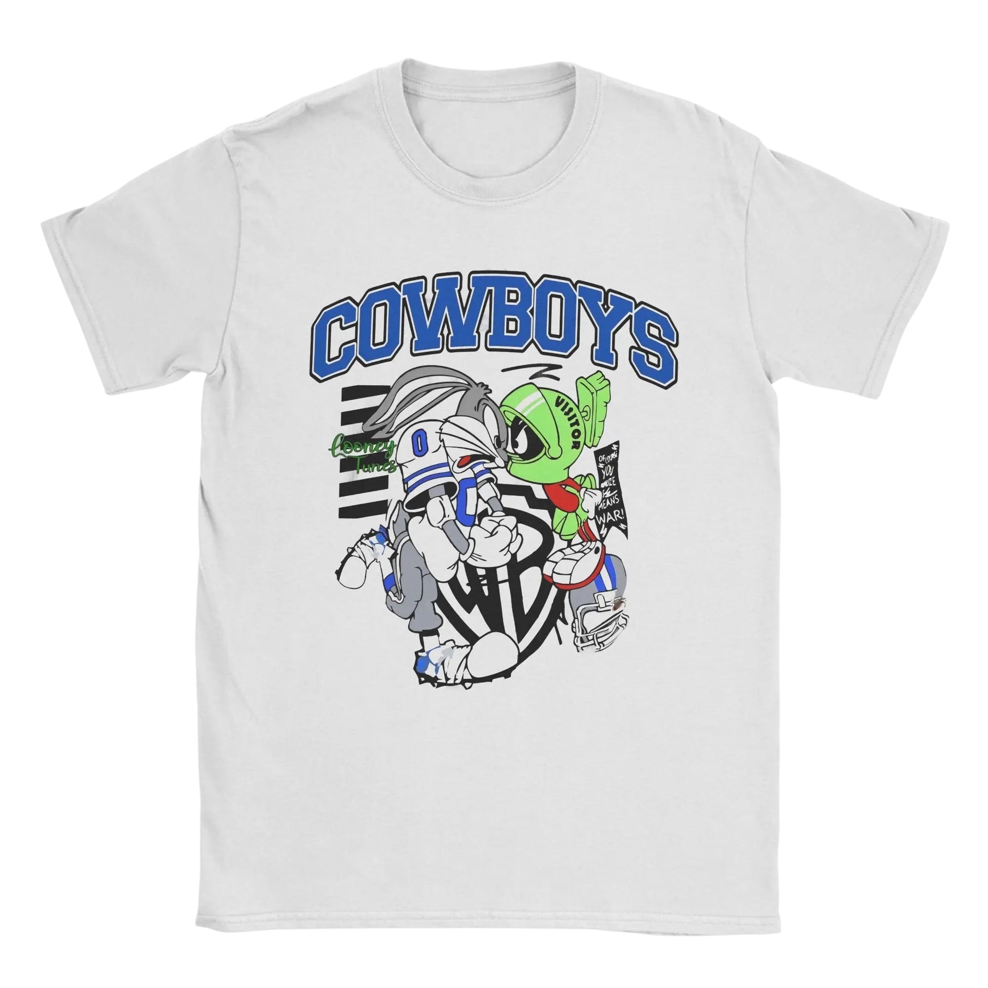 COMFORTHere white cotton t-shirt with Looney Tunes characters Bugs Bunny and Marvin the Martian in Dallas Cowboys gear.