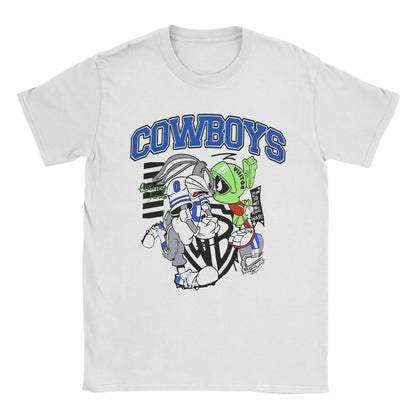 COMFORTHere white cotton t-shirt with Looney Tunes characters Bugs Bunny and Marvin the Martian in Dallas Cowboys gear.