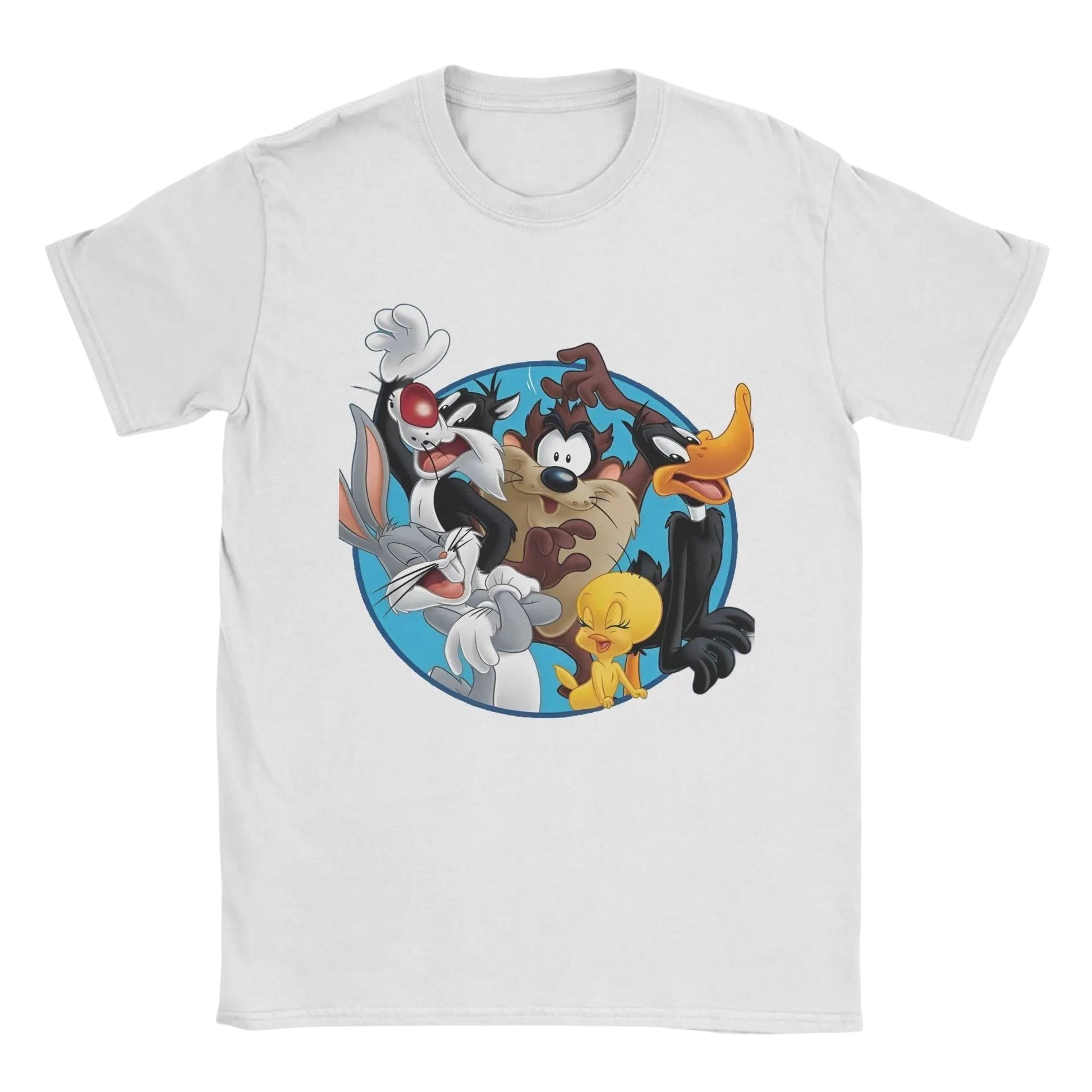 COMFORTHere white cotton t-shirt with a graphic of Looney Tunes characters Bugs Bunny, Sylvester, Tazmanian Devil, Daffy Duck, and Tweety Bird in a blue circle.