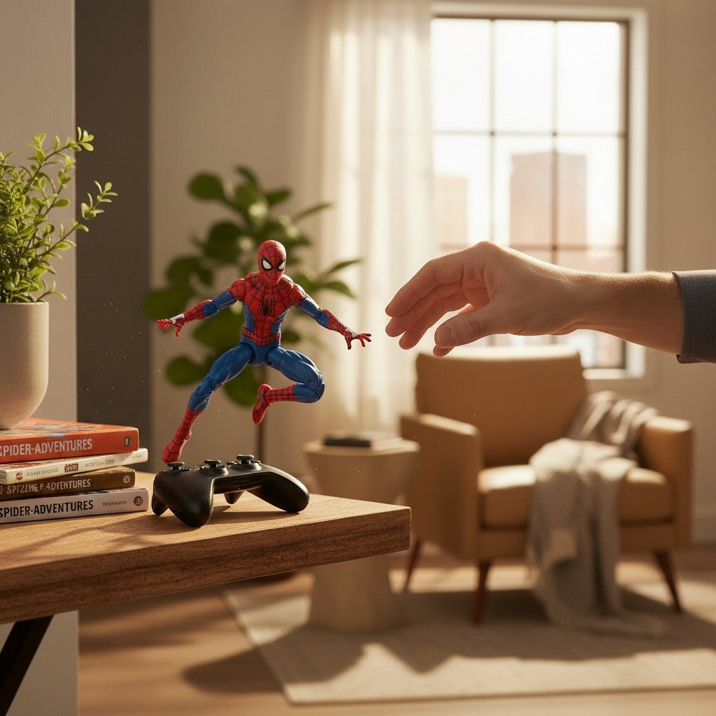 COMFORTH Marvel Legends Spider-Man 2 action figure in red and blue suit, jumping over a game controller.
