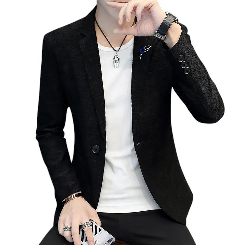 COMFORTH men's black textured blazer jacket with single-button closure and notched lapel.