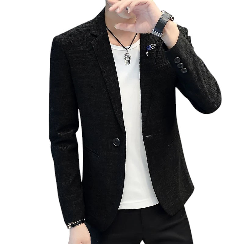 COMFORTH Men's black textured blazer jacket with single-button closure and notched lapel.
