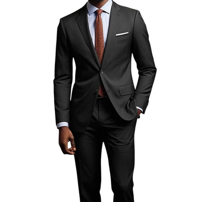 COMFORTH Men's Classic Fit Two-Piece Suit in black, featuring a single-breasted jacket with notch lapels and two-button closure.