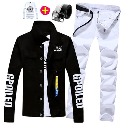 COMFORTH Men's black denim jacket and white pants set with belt and t-shirt. Jacket has