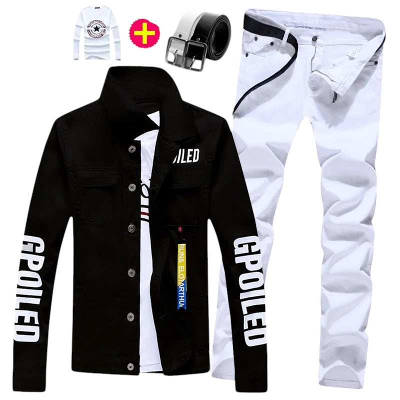 COMFORTH men's black denim jacket with white lettering, white t-shirt, white pants, and black/white belts.