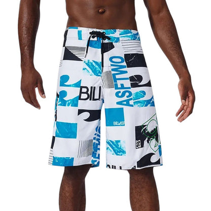 COMFORTH Men's athletic board shorts with a white, black, and blue abstract graphic print and drawstring closure.