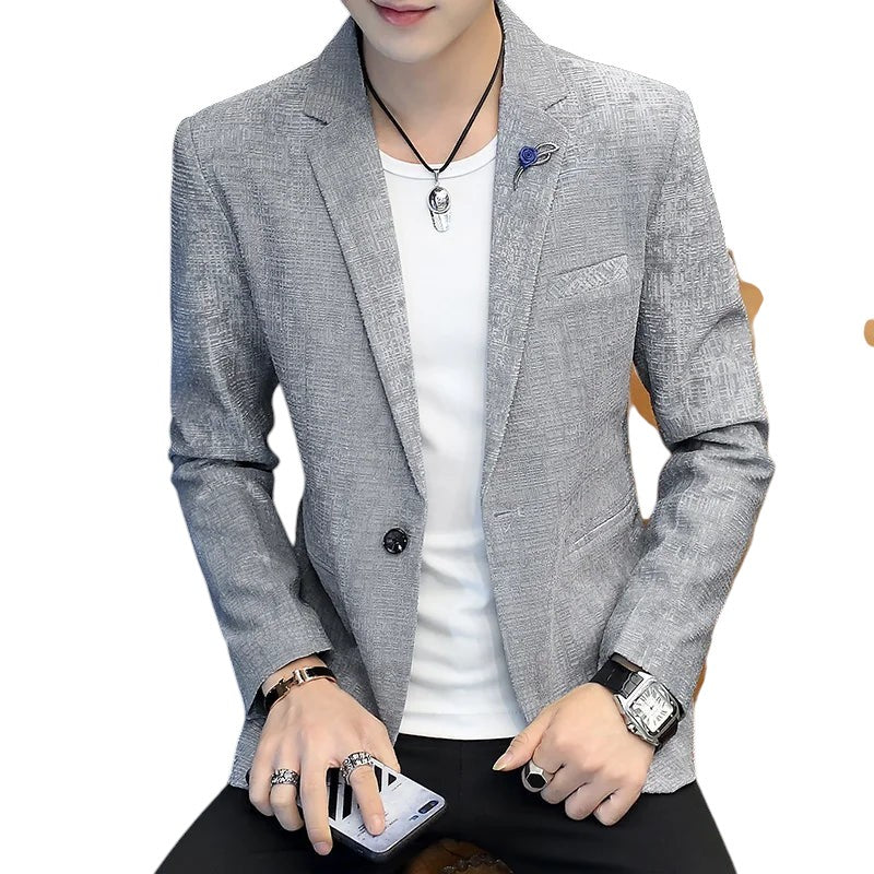COMFORTH Men's grey textured blazer jacket with single-button closure and notched lapel.