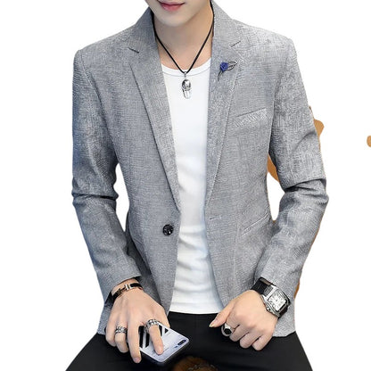 COMFORTH Men's grey textured blazer jacket with single-button closure and notched lapel.