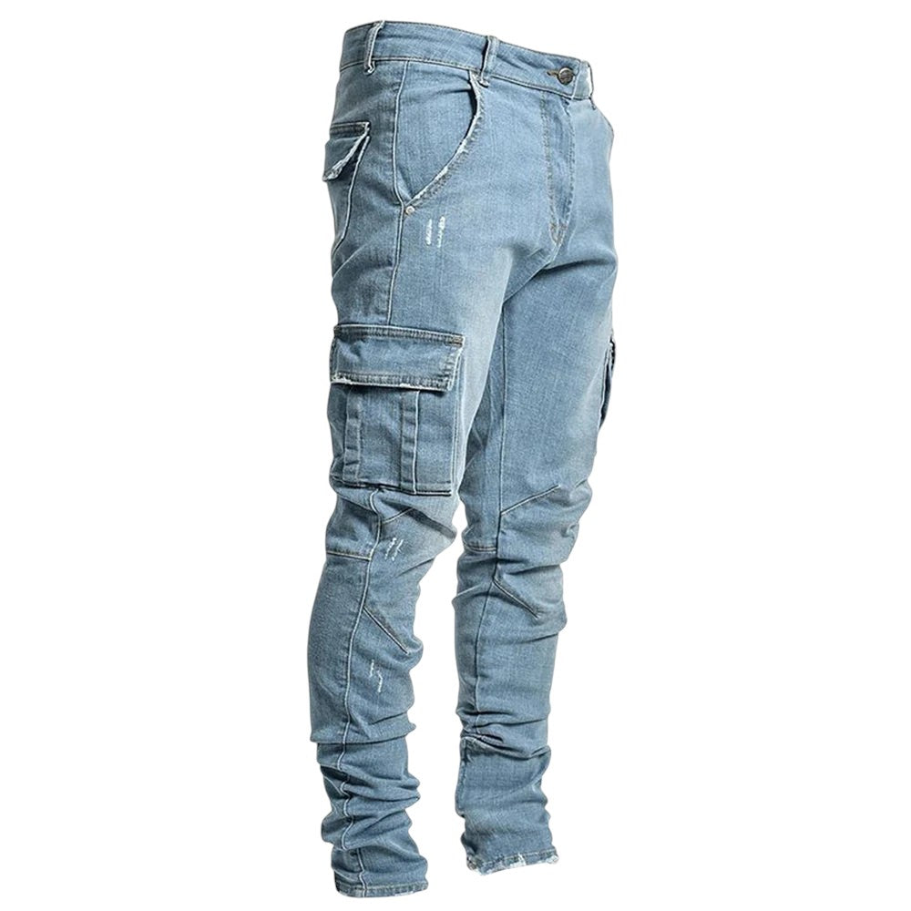 COMFORTH Men's light blue skinny fit denim cargo jeans with distressed detailing and multiple pockets.