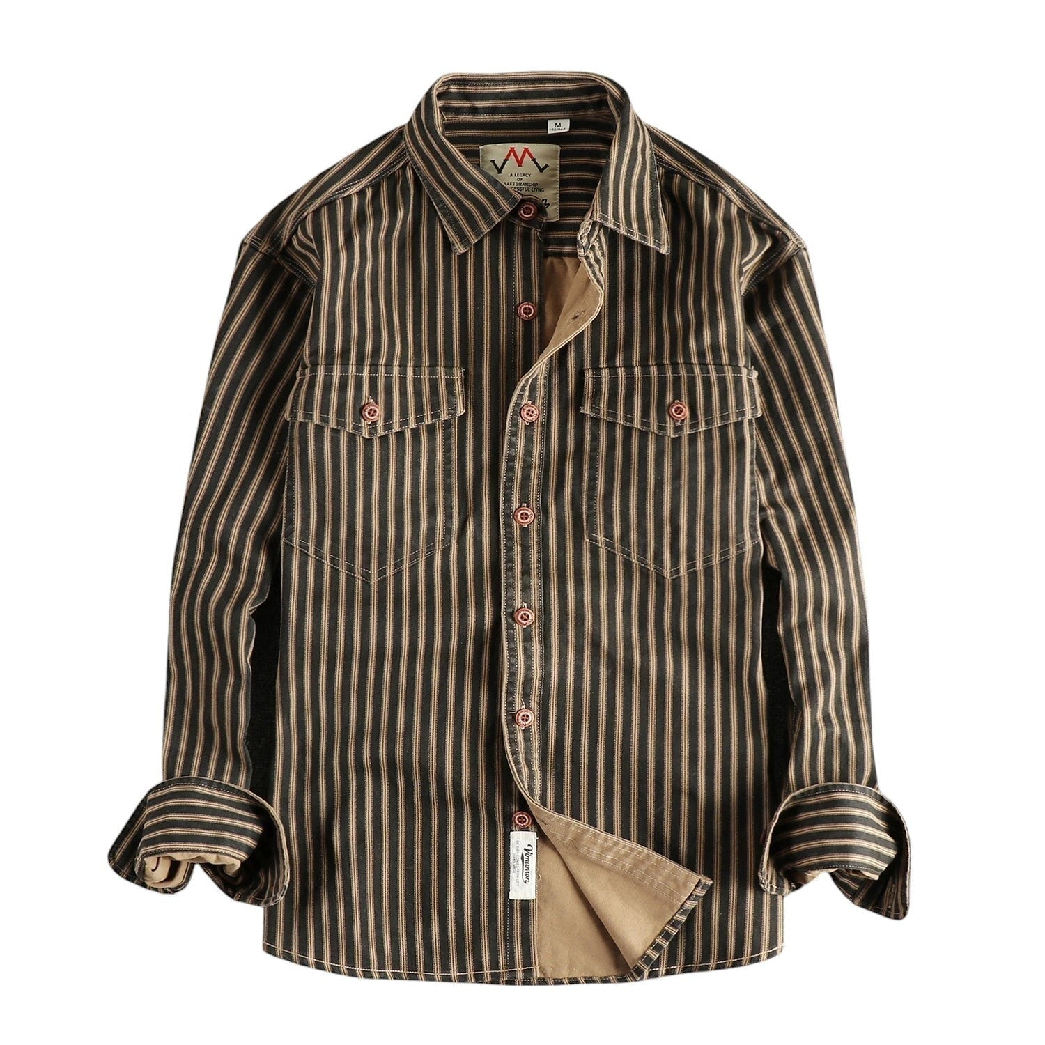 COMFORTH Men's vertical striped long sleeve button-up shirt with two chest pockets. Earthy tones.