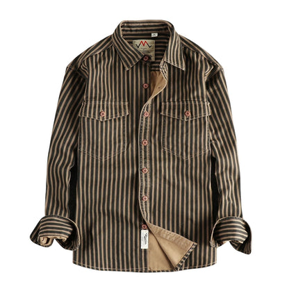 COMFORTH Men's vertical striped long sleeve button-up shirt with two chest pockets. Earthy tones.