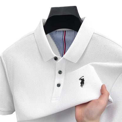COMFORTH Men's white short sleeve polo shirt with embroidered logo and striped inner collar detail.