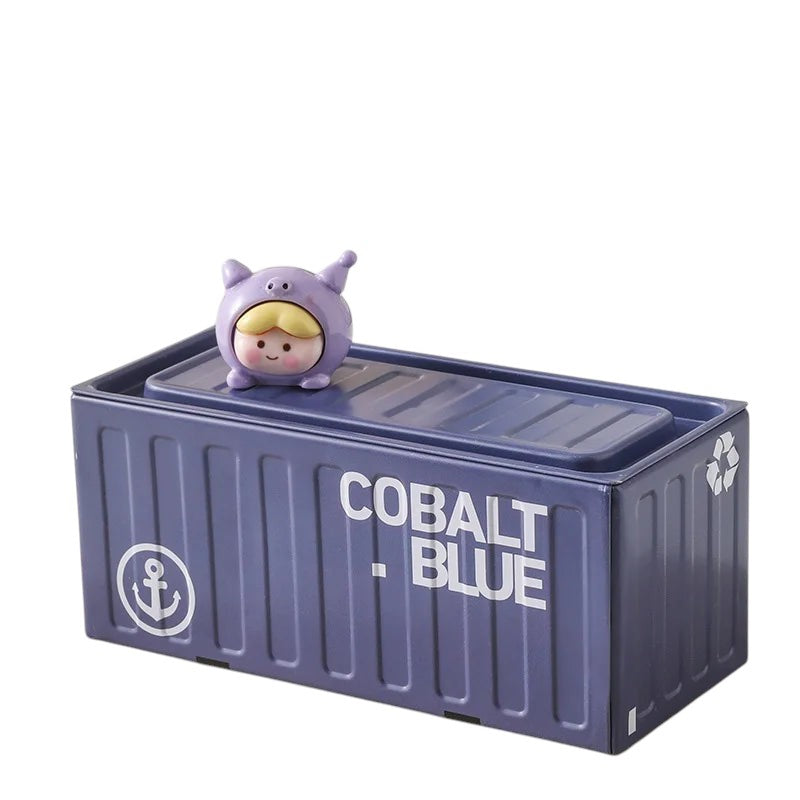 COMFORTH metal storage container shaped like a shipping container, cobalt blue, with a cute cartoon character on top.