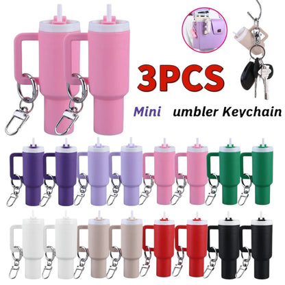 COMFORTH 3-pack mini tumbler keychains with handles and straws in pink, purple, green, white, beige, red, and black.