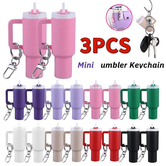 COMFORTH 3-pack mini tumbler keychains with handles and straws in pink, purple, green, white, beige, red, and black.