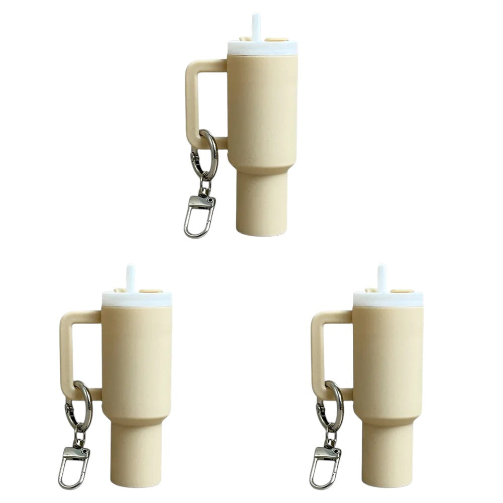 COMFORTH beige mini tumbler keychain with handle and straw, perfect for keys and bags.