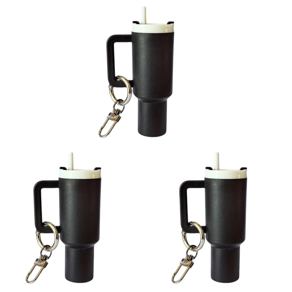COMFORTH black mini tumbler keychain with handle and straw, perfect for keys and bags.