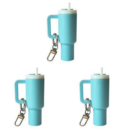 COMFORTH blue mini tumbler keychain with handle and straw, perfect for keys or bags.