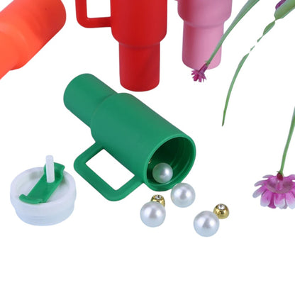 COMFORTH Mini tumbler keychain with handle and straw, green, white, red, pink, orange, pearl and gold accents.