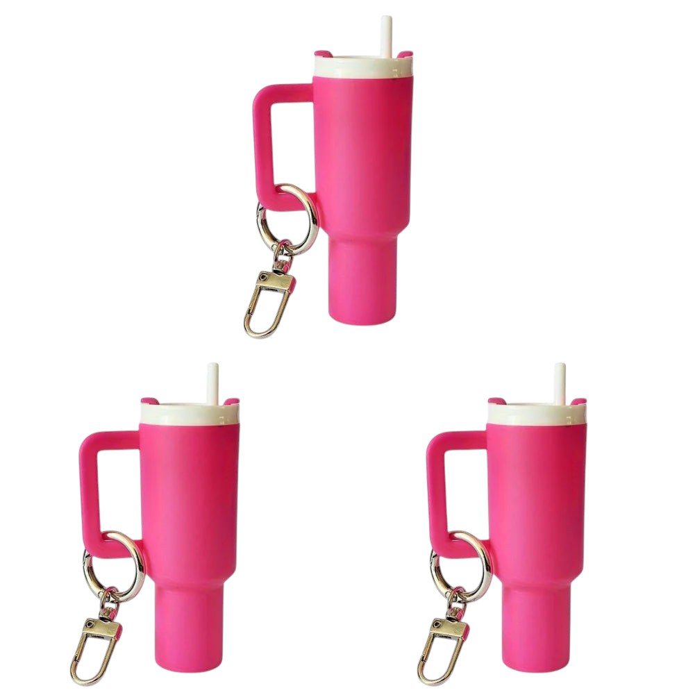 COMFORTH pink mini tumbler keychain with handle and straw, a fun and practical accessory for keys or bags.