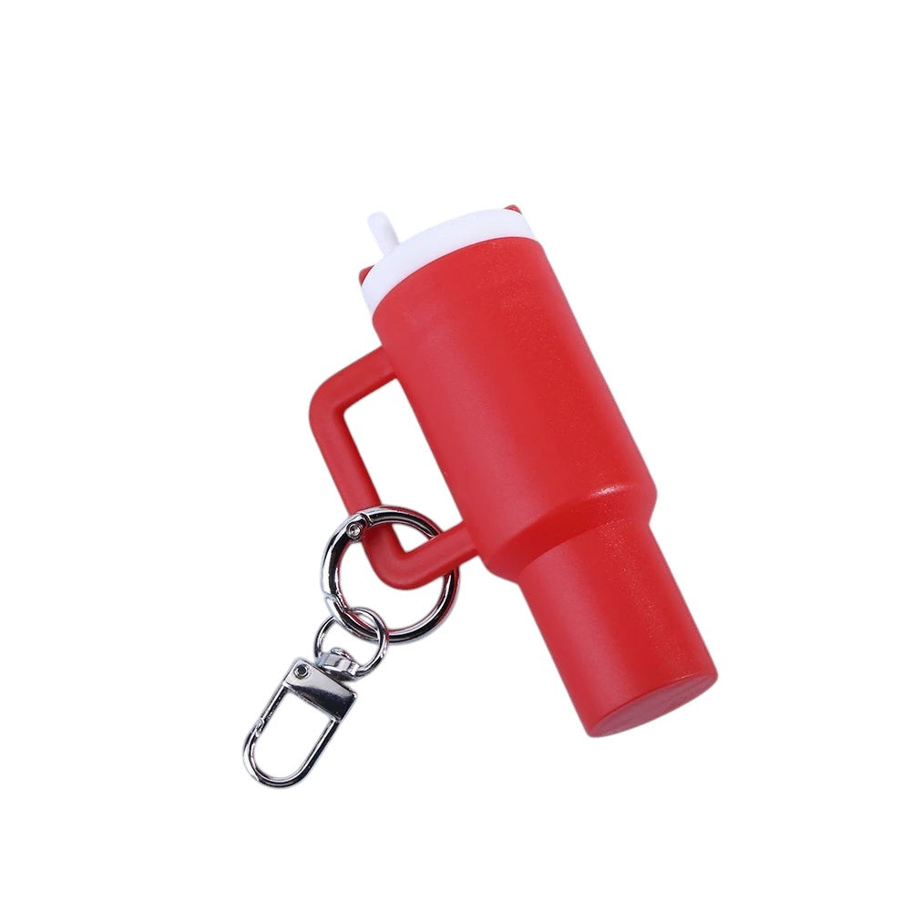 COMFORTH red mini tumbler keychain with handle and straw, metal clasp and ring.