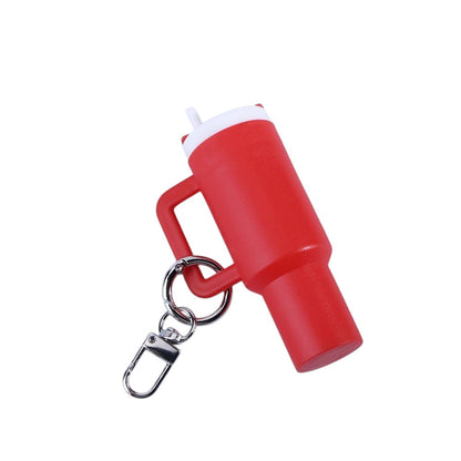 COMFORTH red mini tumbler keychain with handle and straw, metal clasp and ring.