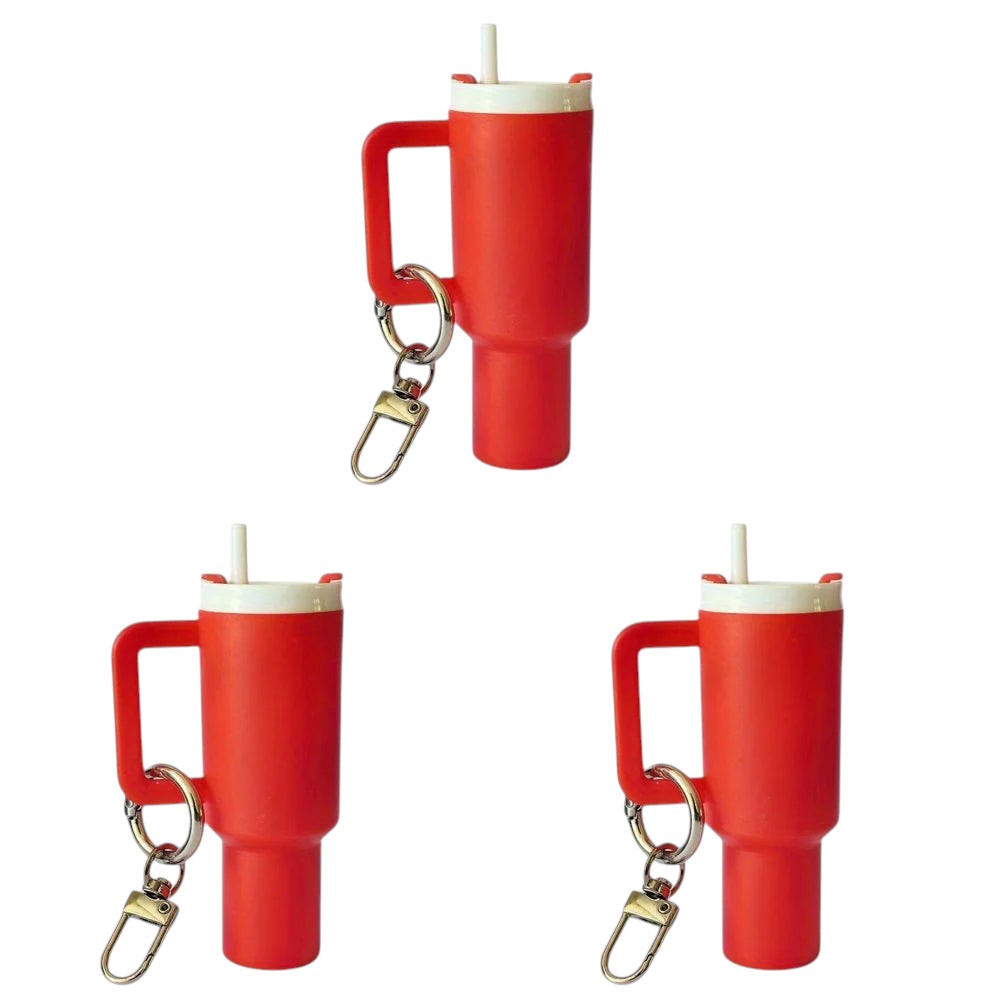 COMFORTH red mini tumbler keychain with handle and straw, a fun and practical accessory.