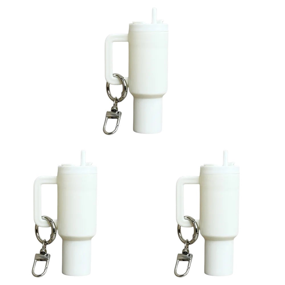 COMFORTH white mini tumbler keychain with handle and straw, perfect for keys and bags.