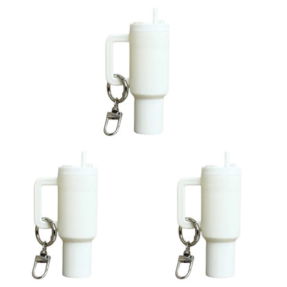 COMFORTH white mini tumbler keychain with handle and straw, perfect for keys and bags.
