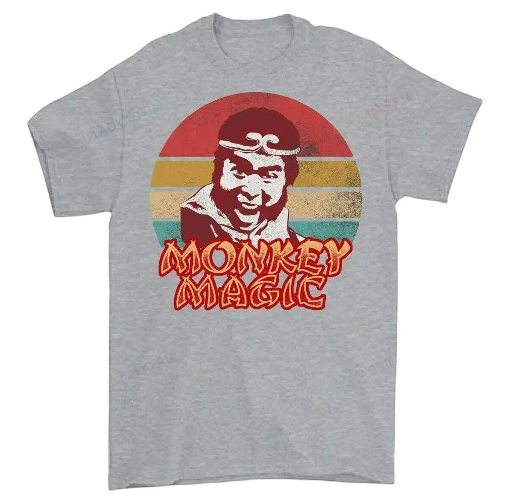 COMFORTHere's a grey cotton t-shirt with a retro graphic of the Monkey King and "Monkey Magic" text.