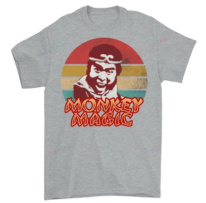 COMFORTHere's a grey cotton t-shirt with a retro graphic of the Monkey King and "Monkey Magic" text.