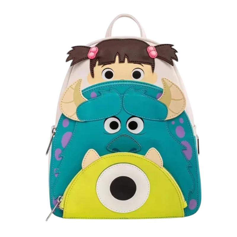 COMFORTH Monsters Inc. Boo, Sulley, and Mike Wazowski mini backpack. White, teal, lime green, purple.