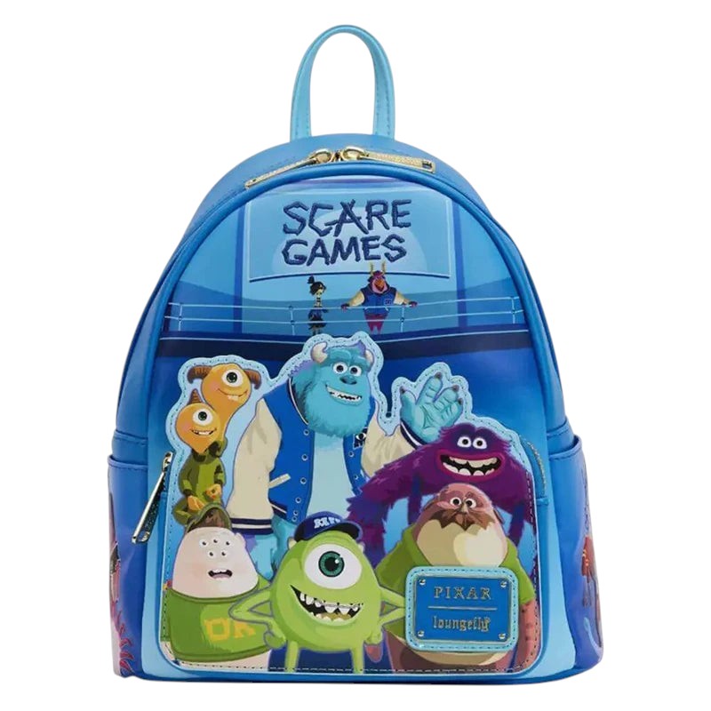 COMFORTH blue mini backpack featuring Monsters Inc. characters in a Scare Games theme. Includes Sully, Mike Wazowski, Boo, and Randall.