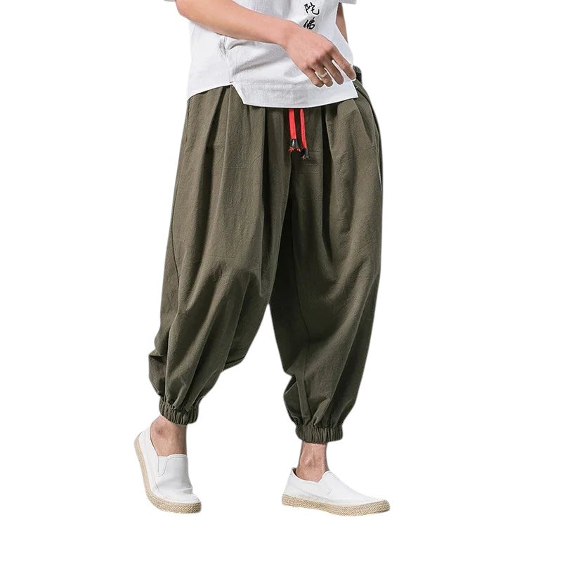 Comfortable Loose Fit Linen Blend Harem Pants Army Green