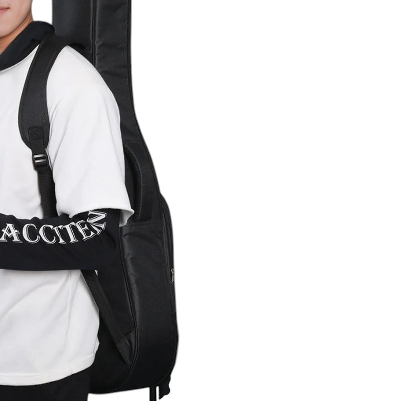COMFORTH padded black guitar gig bag with adjustable shoulder straps and front pocket for accessories.